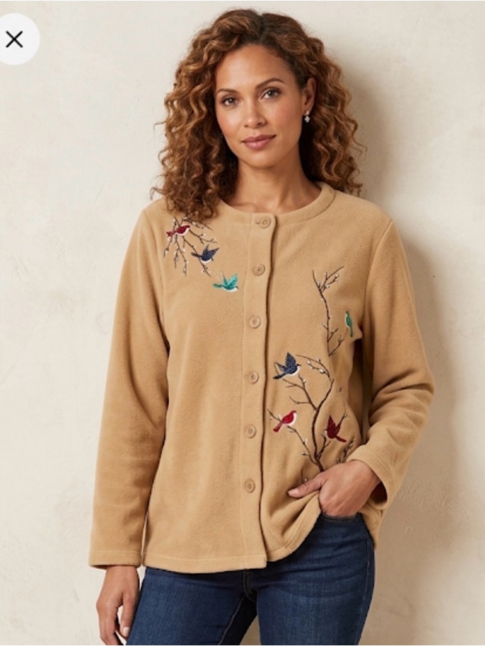 40-Vintage fleece button cardigan with embroidered birds
